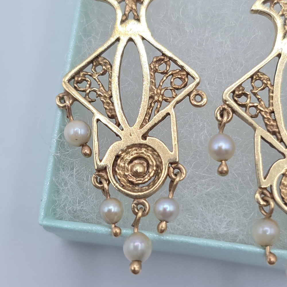 VTG 14K Yellow Gold Seed Pearl Drop Dangle Earrings LO Art Nouveau Revival MCM - Picture 4 of 14